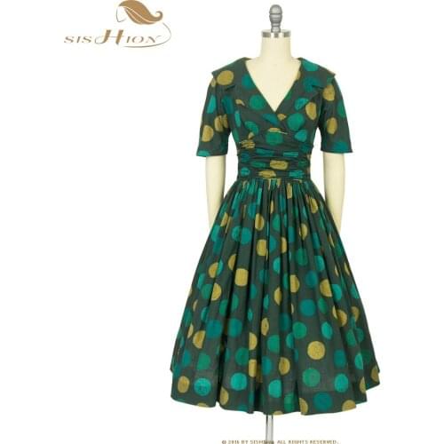 2021 Retro Vintage Rockabilly Dress Green Polka Dot Printed V Neck Half Sleeve Ruched Pin Up 40s 50s 60s Party Dresses VD1695