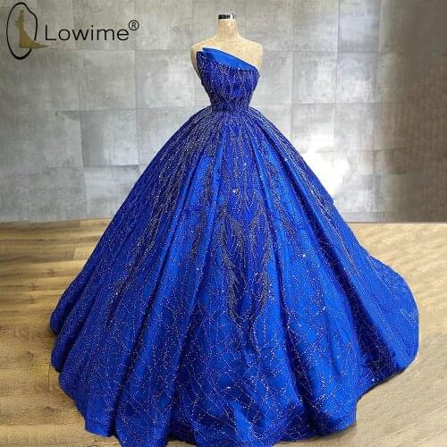 Royal Blue Beading Evening Dresses 2020 Puffy Ball Gown Strapless Prom Party Dress Formal Dress Abendkleider Custom Made