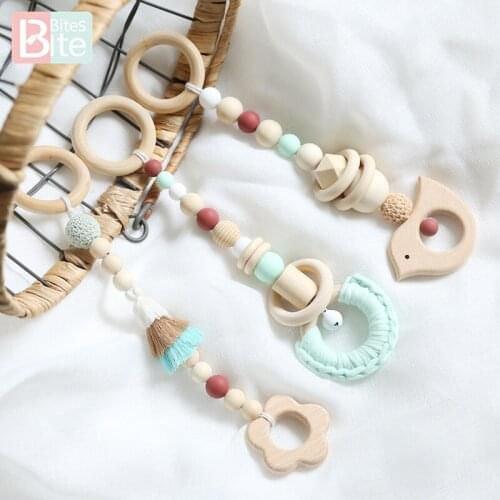 Bite Bites 1Set/3pc Silicone Teether Baby Cartoon Animal Food Grade Silicone Chain Wood Ring Play Gym Nurse Gift Baby Teether