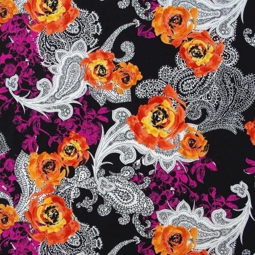 1 yard Cotton Woven Fabric - Big flowers on black background (width=145cm)