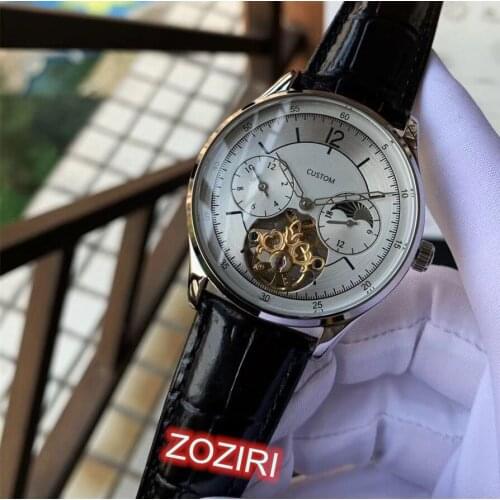 Men Automatic Mechanical Watch Moon phase Moon Sun Turn Flip Stainless Steel Leather Big flywheel Clock Famous Brand Watch 43mm