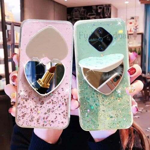 Love Heart Makeup Mirror Girl Glitter Phone Case For VIVO V17 Russia Neo Y11 Y12 Y17 Y19 Y20 Y30 X50 V20 SE S1 Pro Y9S Cover
