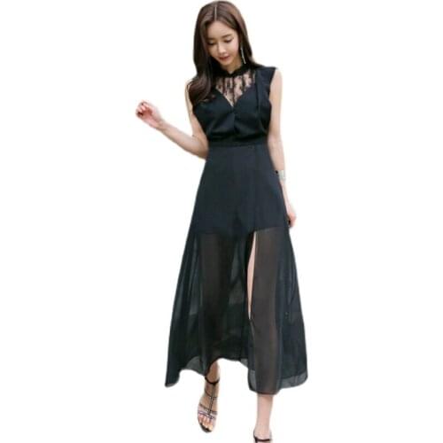Black maxi Dress one piece korean ladies Sexy Lace Sleevelss stand cabret formal party A line Dresses for women