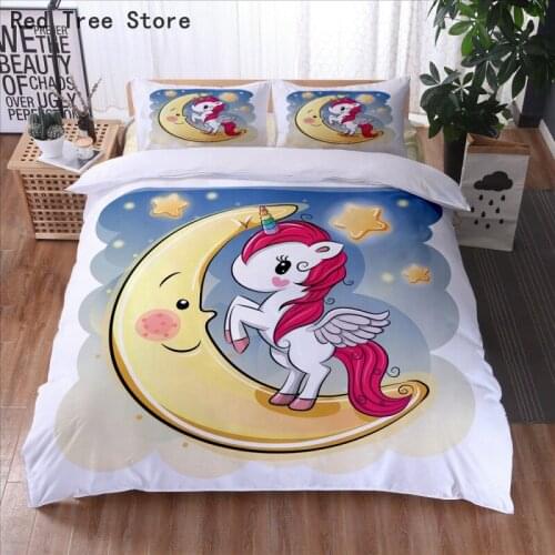 Kids Cartoon Unicorn Moon Printed Bed Linen Bedding Set for Children Baby Crib Duvet Cover Pillowcase Quilt Cover 140x210cm Size