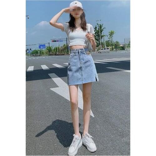 High waist side slit denim skirt female summer 2021 new thin a-line hot girl bag hip long skirt ins tide