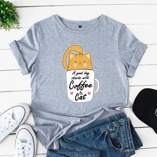 Cup Cat Coffee Graphic T Shirts for Women Cotton Short Sleeve Tee Female Shirt Tops Summer Casual Print Shirts Clothes Gifts