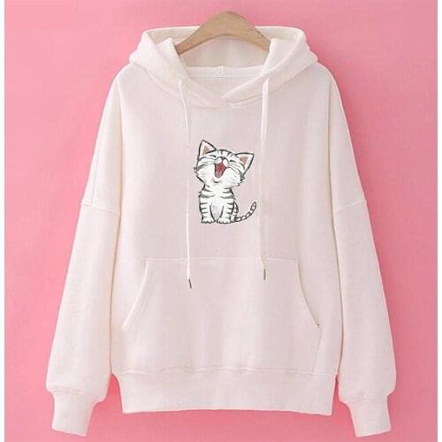 Sweet Cute Cat Print Hoodie Women Long Sleeve Sweatshirt Pullovers Oversized Harajuku Kawaii Japanese Streetwear O-Neck Hoodies