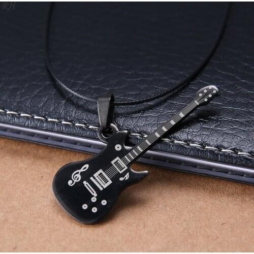 Mens Fashion High Quality Metal Guitar Necklace Pendant Leather Chain Mens Necklace