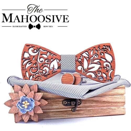 Wood BowTie Handkerchief Set Mens wooden Bowtie with cufflinks Floral design wood Box Fashion Novelty men ties