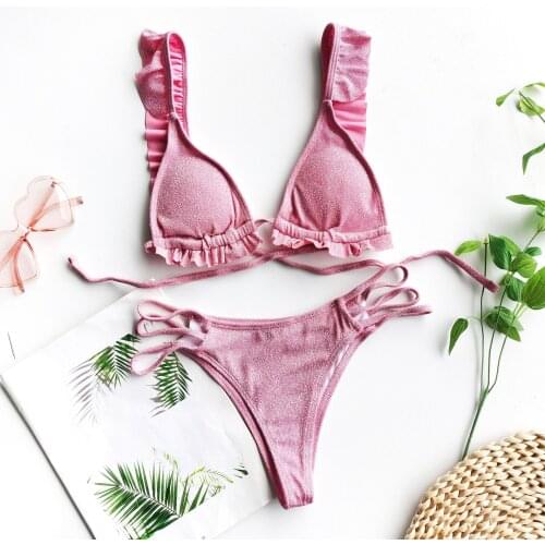 New Arrivals Plain Multicolor Ruffle Trimmed Sexy Drawstring Two Piece Swimsuit Women Beach Bikini Set Summer