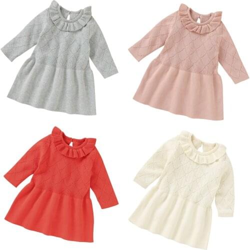 2020 Autumn Spring Newborn Baby Girls Clothes Long Sleeve Ruffle Round Neck Dress Solid Color Kintted Warm Infant Dresses 3-18M