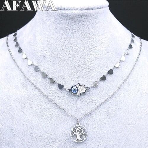 2PCS Islam Muslim Hamsa Hand Stainless Steel Crystal Turkey Eye Necklaces Women Tree of Life Necklace Jewelry ojo turco N9012S01