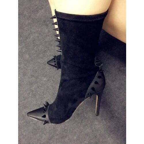 Spike Stretch Booties Rivet Black Slip On Stiletto Spring Shoe Sexy Pointed Toe Thin High Heel Ankle Women Shoes
