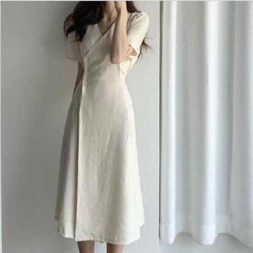 New 2020 Summer Womens Dresses Vintage Puff Sleeve Fashionable office dress Elegant Pleated Female beige Long Dress CL378