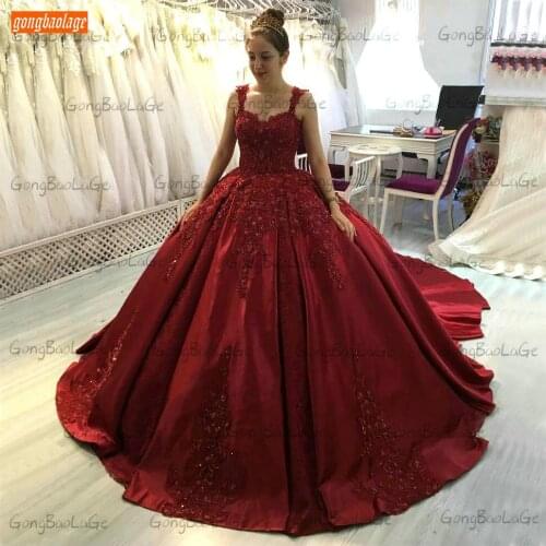 Gorgeous Red Wedding Gown Lace Up 2021 Robe De Mariée Satin Appliqued Court Train Bride Dresses Customized Vestido De Casamento