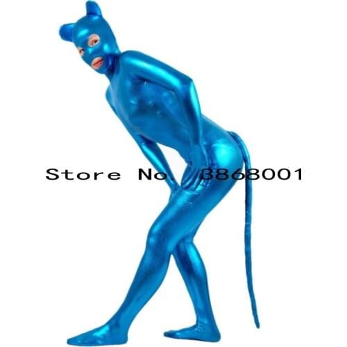 Funny women men Fancy Dress lake Blue Shiny Metallic cat Animal Zentai Suit With Tail For Halloween Party Open Eyes mouth