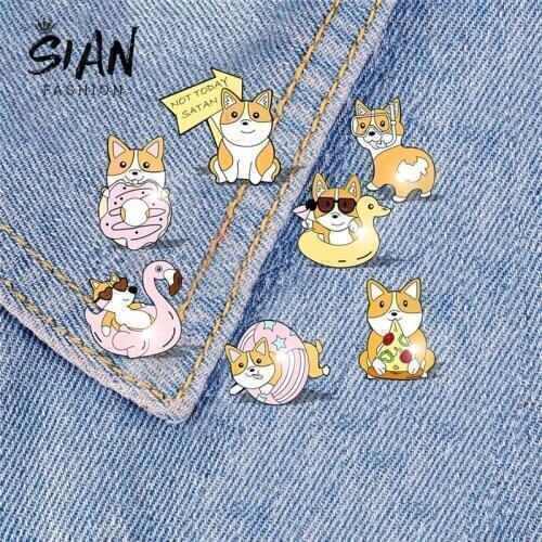SIAN Cute Corgi Swimming Ring Dog Animal Brooch Pins Acrylic Art Photo Lapel Pin Brooch Resin Badge For Clothes Decoration Gift