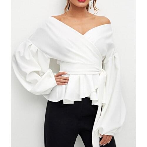 Women Sexy Long Puff Sleeve V Neck Bowknot Waist Bandage Tight Blouse Shirt Women Office Shirt Casual Women Elegant Sleeve Shirt