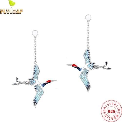 925 Sterling Silver Enamel Flying Crane Long Earrings For Women Chinese Style Female Vintage Jewelry Luxury Handmade