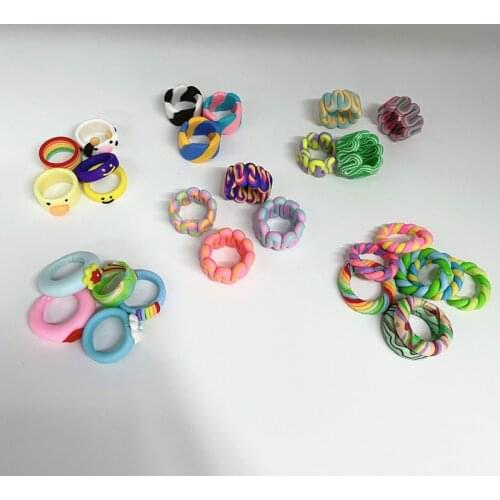 AOMU 1SET 2021 INS New Handmade Colorful Ceramic Clay Rings for Women Jewelry Gifts Geometric Hit Color Stripe Twisted Ring Set