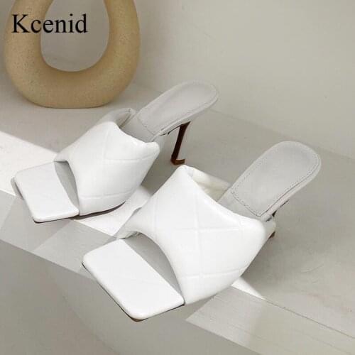Kcenid 2021 New Women Mules White Black Apricot Womens Slippers Summer Outdoor Vintage Square Toe High Heels Shoes Causal Slides