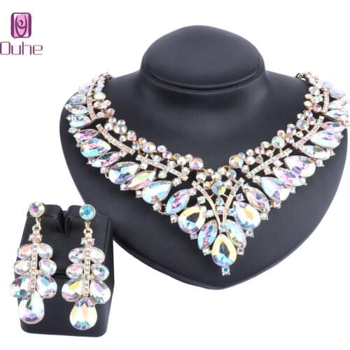 Women Bridal Rhinestone Crystal V-Shaped Teardrop Wedding Necklace Earring Jewelry Sets For Brides Formal Dress 9 Colors