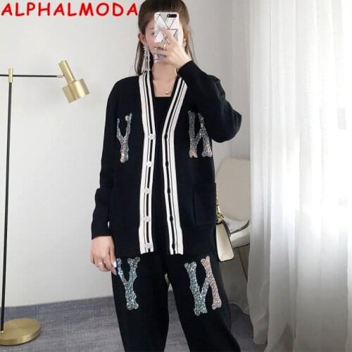 ALPHALMODA 2019 Fashion Crystal Letter Pants Sweater Tracksuits V-neck Long-sleeved Cardigans Trousers 2pcs Fashion Set