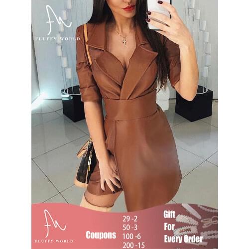 Women Elegant Pu Leather Bandage Dress Pure Faux Leather Ladies Jacket-Dress with Belt Street wear Elegant Spring Autumn Dresses
