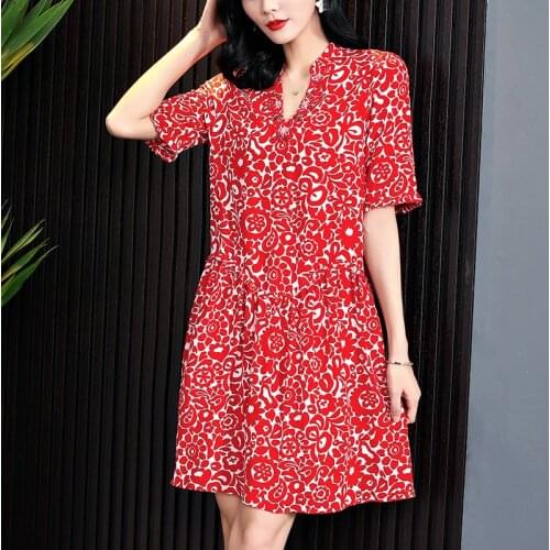 100% Natural Silk Casual Summer Dresses Elegant Diamonds V-neck Half Sleeve Ruffles Loose Pure Real Silk Lady Printed Dress
