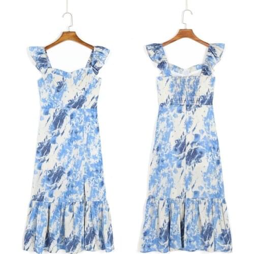 2021 Summer WomenS Square Collar Color Print Dress Tank Elastic Spaghetti Strap Beach Dresses Party Fashion Female Casual Wear