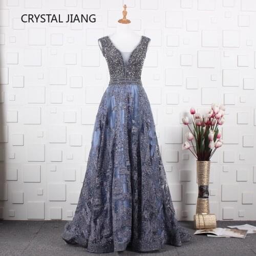 New Fashion 2019 Sexy Deep V Neck Delicate Beaded A Line Lace Evening Dress Custom made Formal Long Navy Luxury Evening Gown