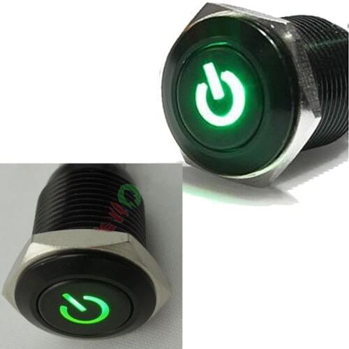 Lot2 16mm 12V Car Boat Black Metal Push Button Switch Green LED Latching ON-OFF