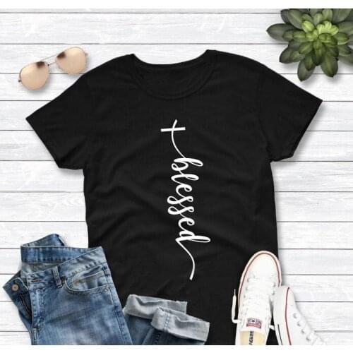 Blessed cross Faith Christian Religious graphic women fashion pure cotton casual t shirt young unisex street style vintage tees