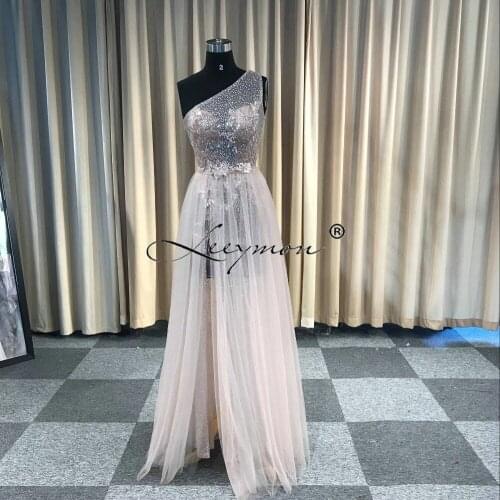 Leeymon Glitter Sexy A Line Evening Dress 2020 Detachable Train Tulle High Slit Elegant One Shoulder Vestido de Novia