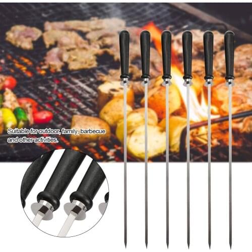 6PCS Long Stainless Steel BBQ Grill Wooden Handle Buckle Outdoor Camping Barbecue Skewers For Outdoor Barbecue Other Activities