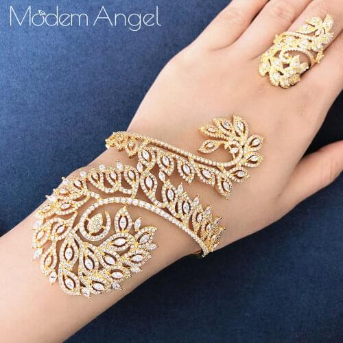 ModemAngel Luxury Peacock Tail Super AAA Cubic Zirconia Bangle and Ring Jewelry Set For Women Wedding Engagement Gif