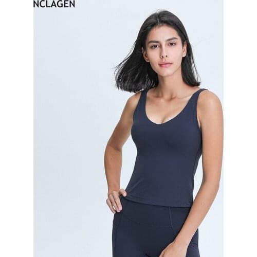 NCLAGEN 2021 Long Yoga Vest Naked-feel Fabric U-shaped Back V-Neck GYM Woman Sports Top Push-up Buttery-Soft Workout Tank Top