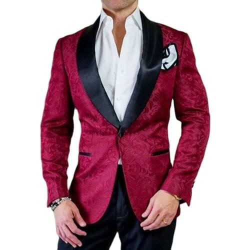 New Fashion Burgundy Paisley Groom Tuxedos Black Shawl Lapel Men‘s Cocktail Dress Business Suits (Jacket+Pants+Tie) W:782