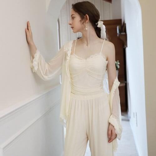 Autumn New Spaghetti Strap Pajamas for Women French Court Style Mesh Three-piece Sweet Sexy Long-sleeved Solid Lounge Wear 2021