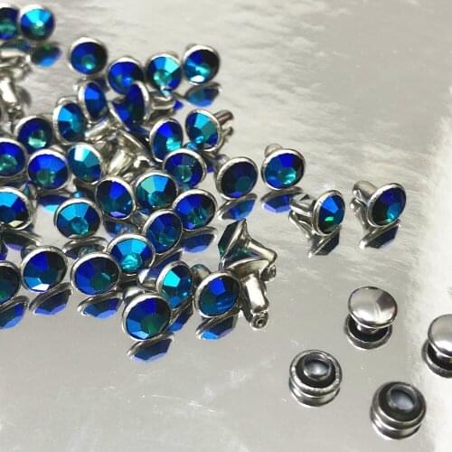 New 4MM 50Sets CZ++ Royal Blue Crystal AB Plated Rivets Silver Plated Studs Assorted Cabochon Rivets Fit for Leather-Craft