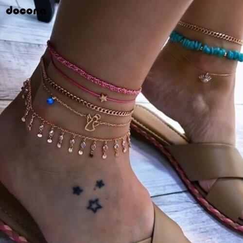 Docona Pink Weaving Star Hollow Geometric Anklet for Women Water Drop Crystal Multilayer Anklet Set Beach Foot Jewelry 8610