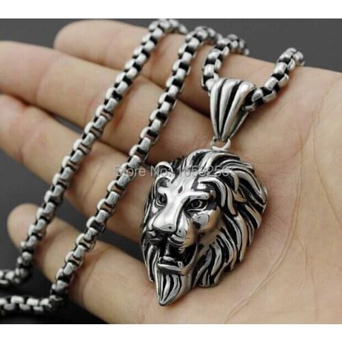 For Husband / Father Gifts Vintage Stainless Steel Gothic Biker Lion Head King Pendant Necklace 24" Rolo Chain