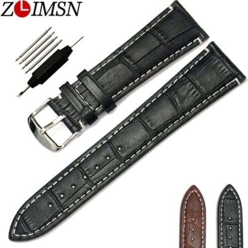 ZLIMSN 100% Genuine Leather Watch Bands Black Brown Watchbands Stitched Strap Stainless Steel Clasp Watch Buckle Relojes Hombre