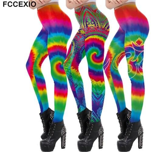 FCCEXIO 3 Styles The OM Symbol Fitness Leggings For Women Workout Legin Tie Dye Rainbow Spiral Vortex Prints Slim Outside Pants