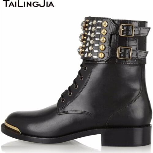 2020 Plus Size Autumn Shoes Ladies Round Toe Lace Up Studded Block Low Heel Ankle Booties Womens Black Combat Boots With Studs