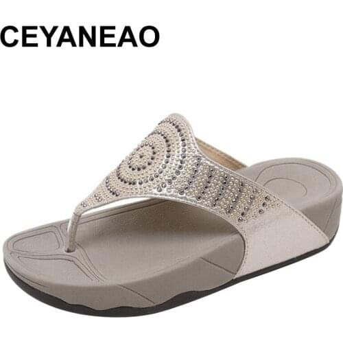 CEYANEAO womens wedge shoes; Flip flops with rhinestones; Summer casual flip-flops; beach slippers; slippers on the platform
