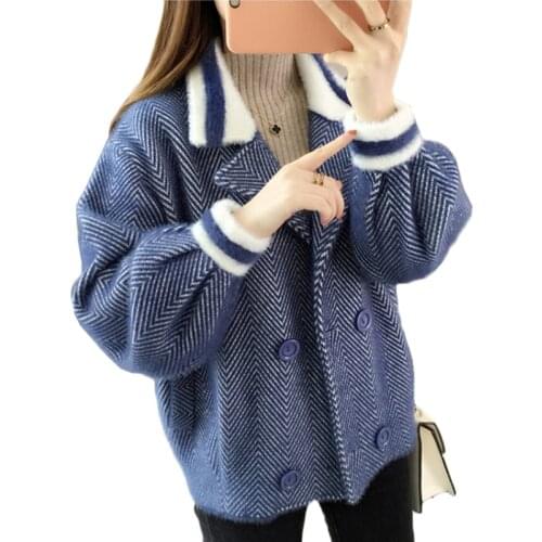 2020 Autumn New Women Short Imitation Mink Cashmere Cardigans Striped knitted Sweater Plus size Cardigan Jacket Loose Women Coat