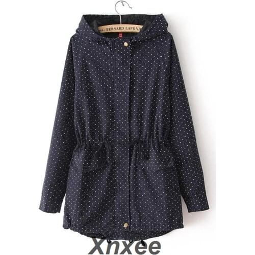 2019 Trench Coat Autumn Winter Women Cute Polka Dots Hooded Drawstring Trench Abrigos Chaquetas Windbreaker Outerwear Coat Xnxee