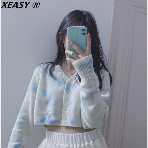XEASY 2021 Women Fashion Tie-Dye Knitted Cardigan Vintage V Neck Single Breasted Sweet Girl Streetwear Short Sweater Outwear