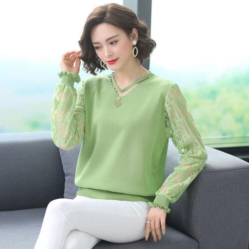 Lace Splicing Hollow out sweater women Fashion V-Neck full sleeve knitting big plus Pullover female 2021 new solid spring tops